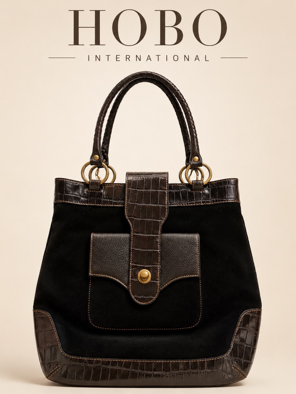 HOBO International Black Suede Croc Embossed Leather Shoulder Tote Bag
